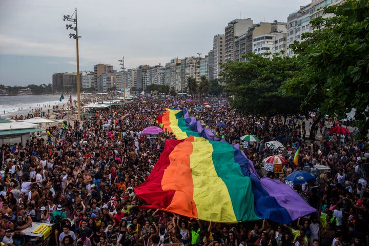 A giant rainbow flag is pictured during the Pride parade at Copacabana Beach in Rio de Janeiro, Brazil, on Sept. 30, 2018.