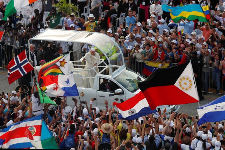 Pope Francis arrives in the popemobile to attend the opening ceremony for World Youth Day at the Coastal Beltway in Panama City, Panama, on Jan. 24, 2019.