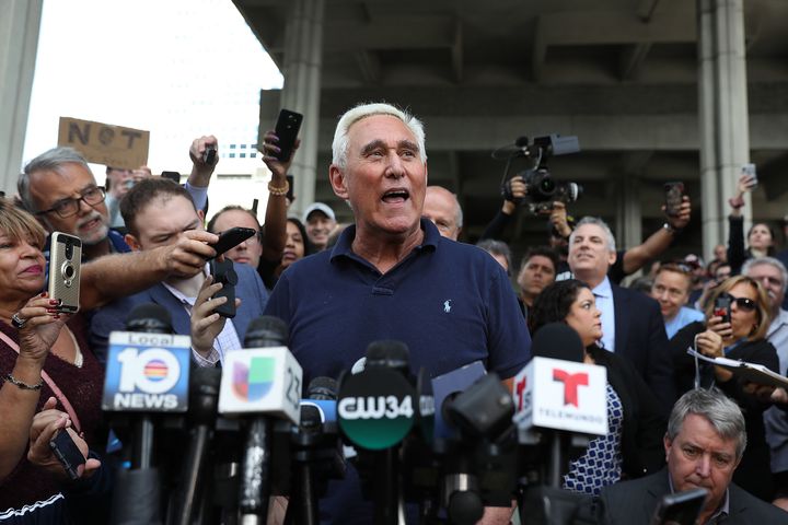 Stone speaks to the media after leaving the Federal Courthouse on January 25, 2019 in Fort Lauderdale.