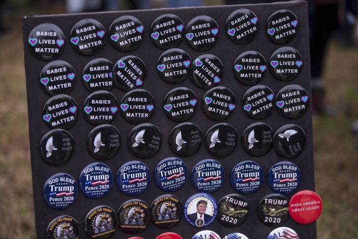 Buttons for sale during the annual March for Life in Washington, D.C., on Jan. 18. Bishop John Stowe of Lexington, Kentucky, wrote in an op-ed that Catholics against abortion need to take other issues into account before deciding whether to support President Donald Trump.