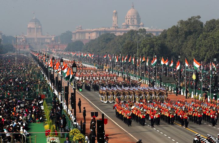 Paramilitary soldiers march past Rajpath during Republic Day parade in New Delhi.