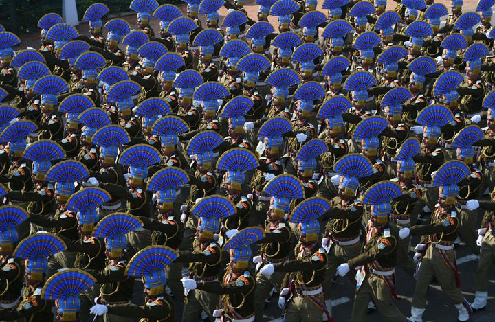 The Central Reserve Police Force contingent marches during the Republic Day parade.