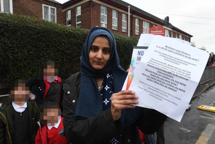 Fatima Shah protesting outside Parkfield Community School which she and other parents are accusing of "promoting homosexuality"