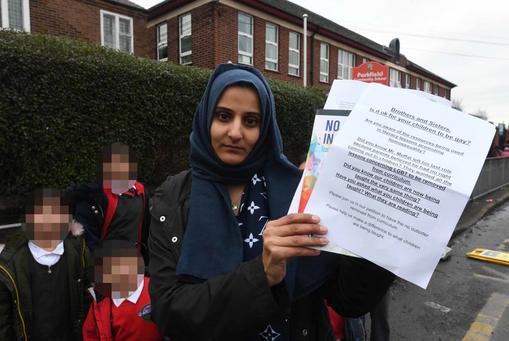 Fatima Shah protesting outside Parkfield Community School which she and other parents are accusing of "promoting homosexuality"