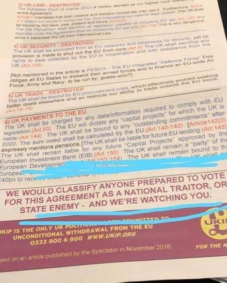Copies of the leaflet were distributed outside Westminster the day of the so-called meaningful vote on May’s Brexit deal