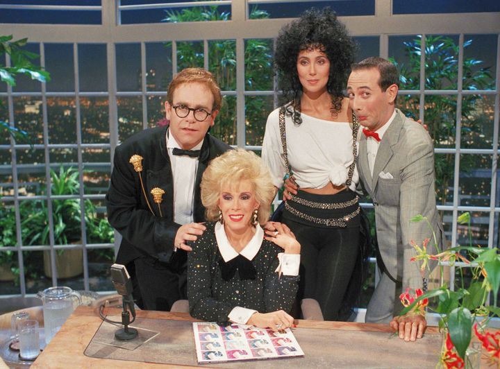 Elton John, Joan Rivers, Cher and Paul Reubens on the inaugural episode of “The Late Show Starring Joan River