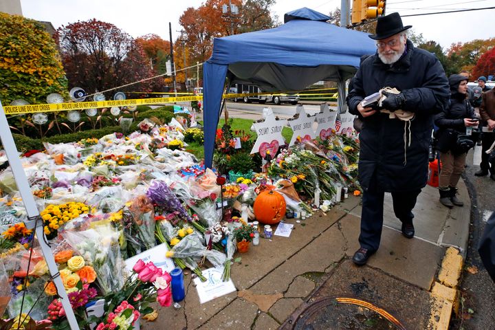 Rabbi Chuck Diamond arrives on the street corner outside the Tree of Life Synagogue on Nov. 3, 2018, to lead a Shabbat morning service one week after 11 people were killed and six wounded in a shooting at the synagogue. 