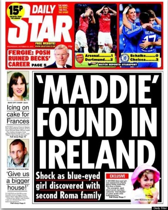 Πρωτοσέλιδο βρετανικής tabloid που ισχυρίζεται ότι η Μαντλίν βρίσκεται στην Ιρλανδία