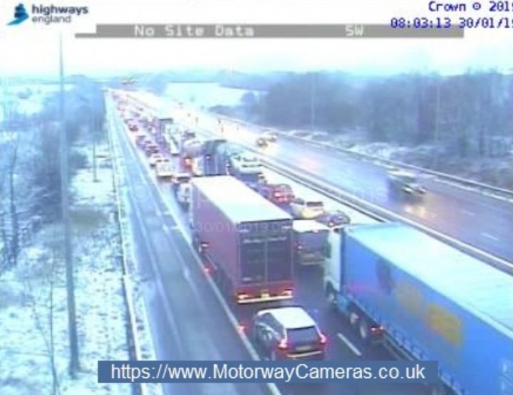 Live traffic cameras showed tailbacks on the M6 near Charnock Richard on Wednesday morning.