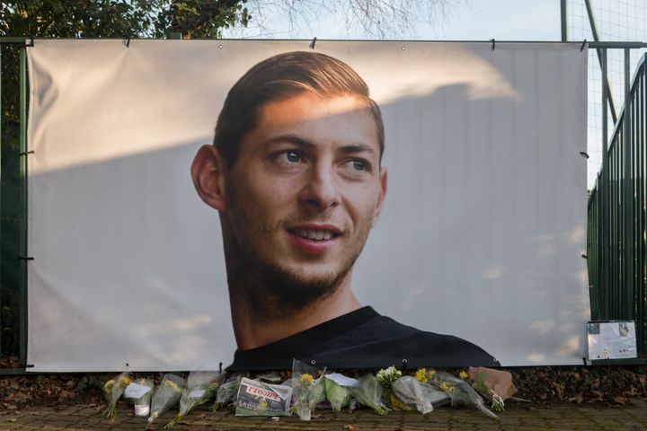 A memorial to Emiliano Sala in front of the entrance of the FC Nantes football club in France.