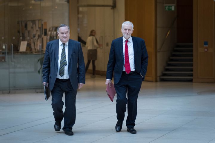 Labour chief whip Nick Brown and Jeremy Corbyn head to the meeting with Theresa May
