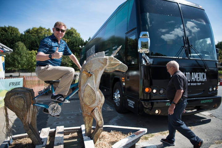 Chris Wayne rides a unicorn at IX Art Park in Charlottesville, Virginia, on Sept. 26, 2017, as part of HuffPost's Listen to America tour.