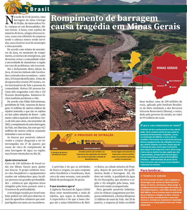 Página do Joca, jornal para crianças e adolescentes, com reportagem sobre Brumadinho.