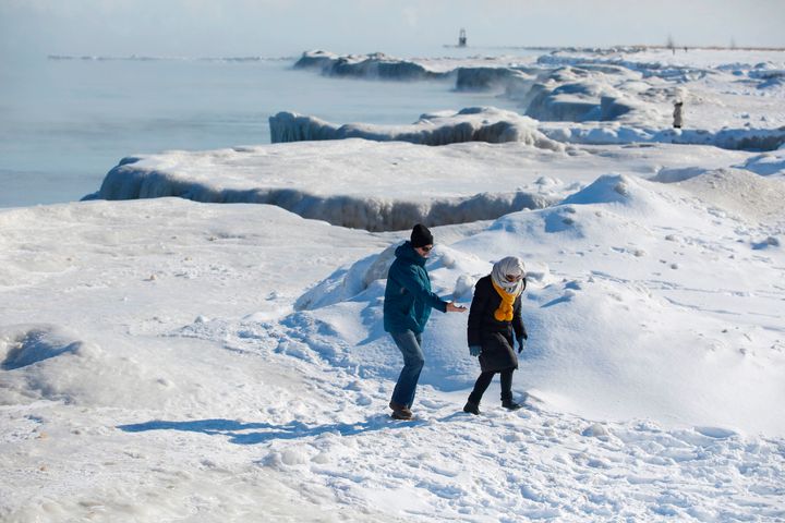 Lake Michigan's shoreline is frozen as temperatures dropped to minus 20 degrees Fahrenheit on Wednesday in Chicago.