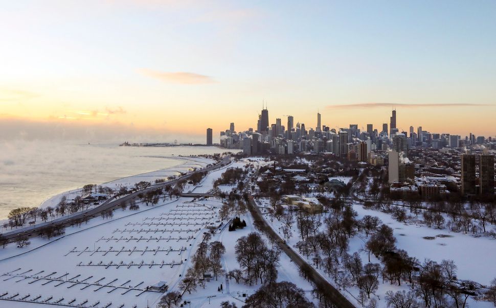 Chicago’s lakefront is covered with ice on Wednesday, Jan. 30, 2019. 