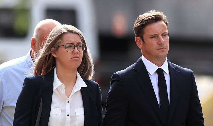 Liam Rosney arriving at Mold Crown Court with his wife Victoria Rosney