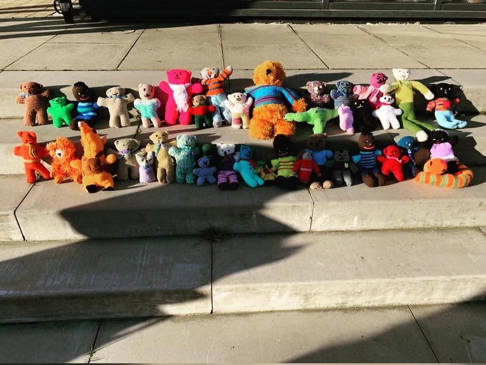 Locals put teddy bears outside of the Legacy Hub during a protest on Sunday to represent the number of children who had been left without a nursery place thanks to the closure 