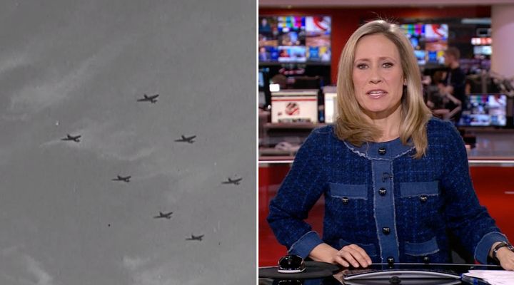 BBC presenter Sophie Raworth continued to narrate an item about Theresa May's planned return to Brussels despite a mishap which showed WWII spitfires.