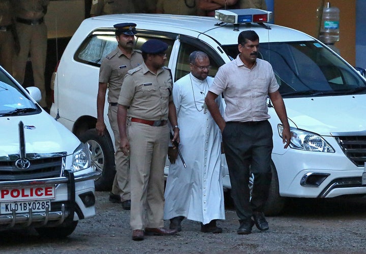 Bishop Franco Mulakkal (2nd R) pictured outside a crime branch office on the outskirts of Kochi on 19 September 2018. 