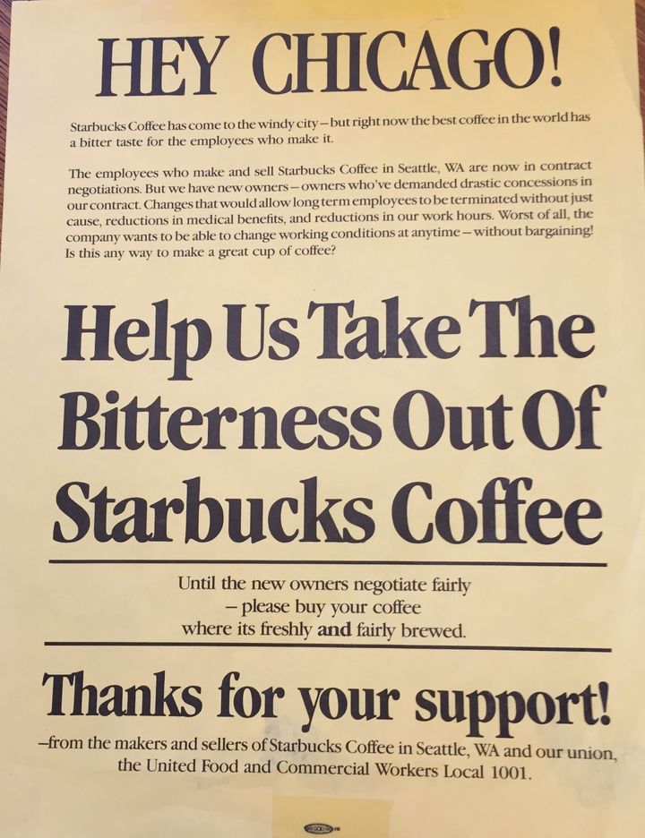 A leaflet passed out in Chicago, circa 1987, as Starbucks expanded there.