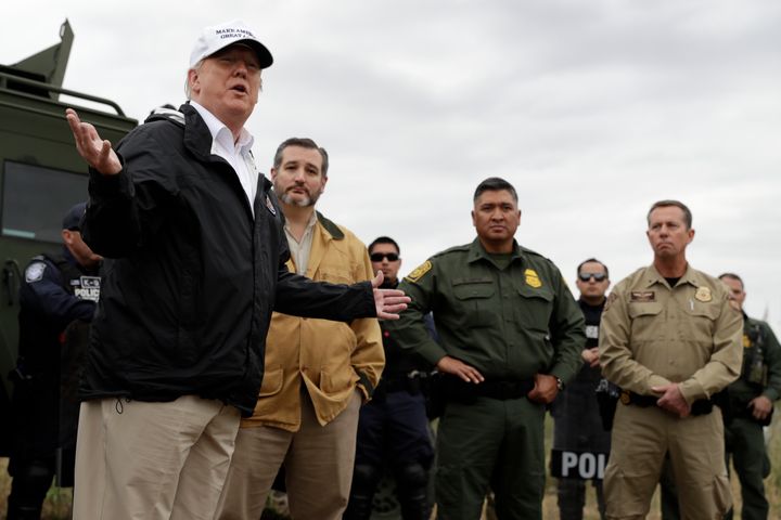 President Donald Trump speaks in McAllen, Texas, during a tour of the U.S. border with Mexico on Jan. 10, 2019. Sen. Ted Cruz listens.