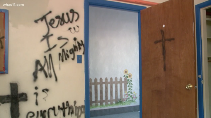 A vandal or vandals broke in and painted crosses and Christian phrases on the walls of Swaminarayan Temple, a Hindu house of worship in Louisville, Kentucky.