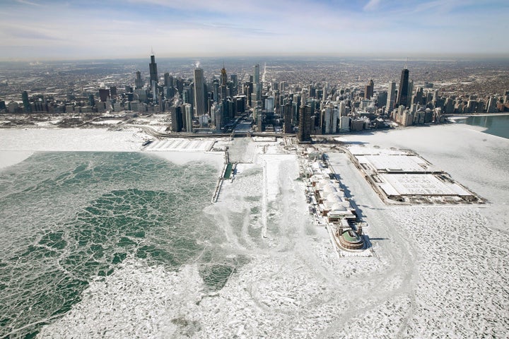 Ice built up along the shore of Lake Michigan as temperatures during the past two days dipped to lows around -20 degrees on January 31, 2019 in Chicago, Illinois. (Photo by Scott Olson/Getty Images)