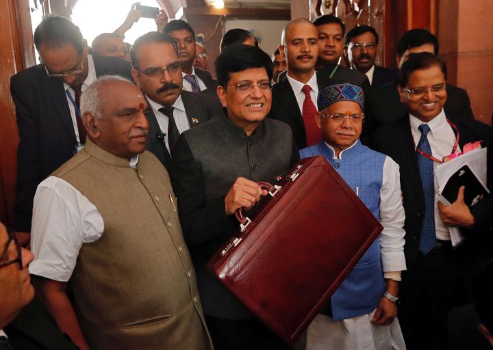 Interim Finance Minister Piyush Goyal holds his briefcase as he arrives at the parliament to present 2019-20 budget in New Delhi, February 1, 2019.