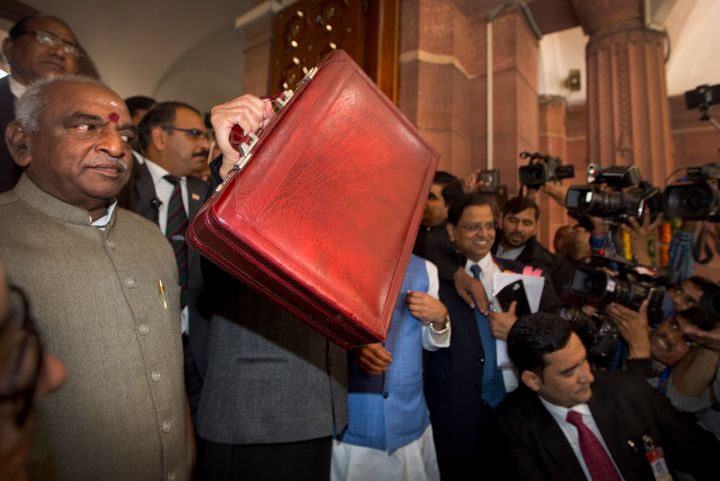  Piyush Goyal shows a briefcase containing federal budget documents.