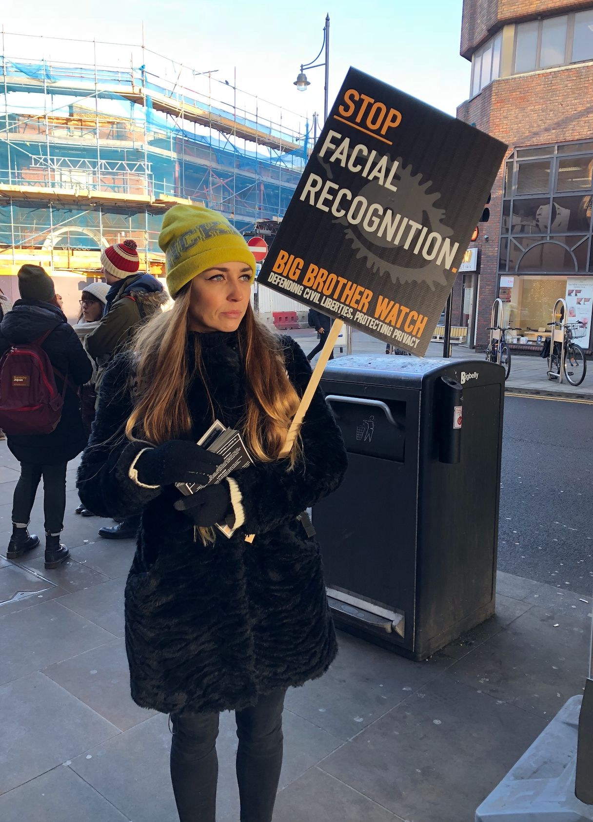 Protestors from civil liberties groups Liberty and Big Brother Watch hold leaflets and placards campaigning against the use of the technology.