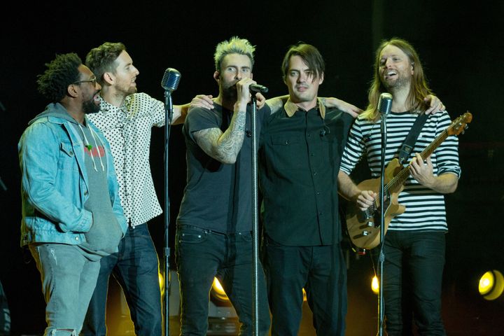 Maroon 5 on stage together in 2017