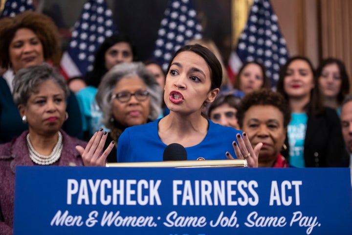 Rep. Alexandria Ocasio-Cortez (D-N.Y.) speaks at an event to advocate for the Paycheck Fairness Act on Capitol Hill on Wednesday, Jan. 30, 2019.