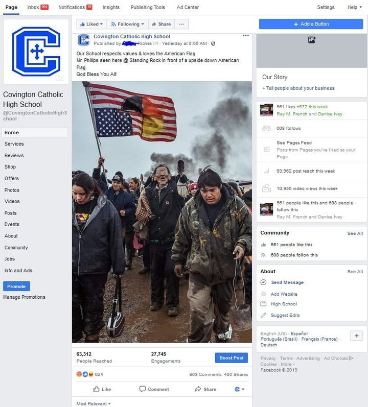 A fake Covington Catholic High School Facebook page set up by Riches.