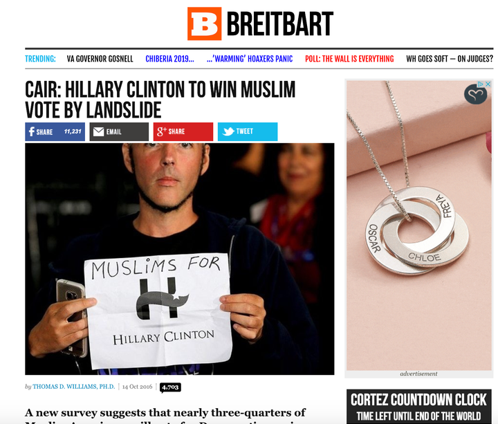 Riches appears in Breitbart as a fake Muslim for Clinton.