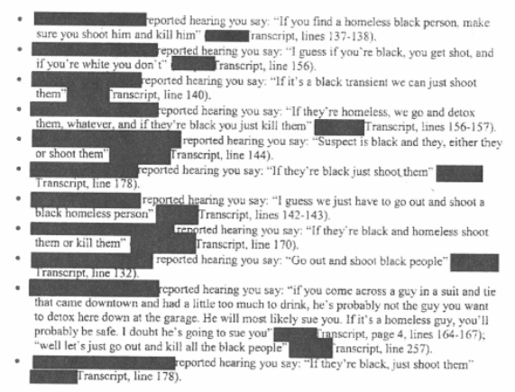 A screenshot from Lewis' termination letter that shows the different variations fellow officers remember him saying of the same inflammatory comment.