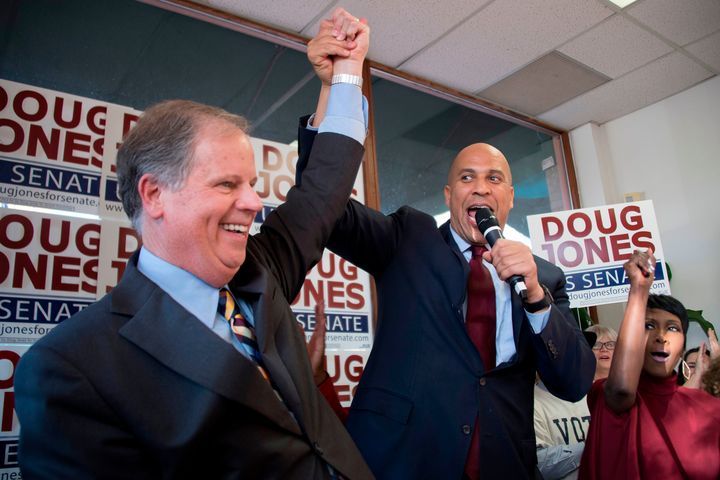 Cory Booker with then senatorial candidate Doug Jones in Birmingham, Ala., last December.