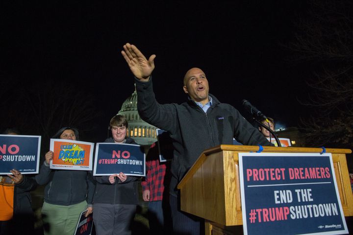 Sen. Cory Booker at a rally outside in Washington last January. 