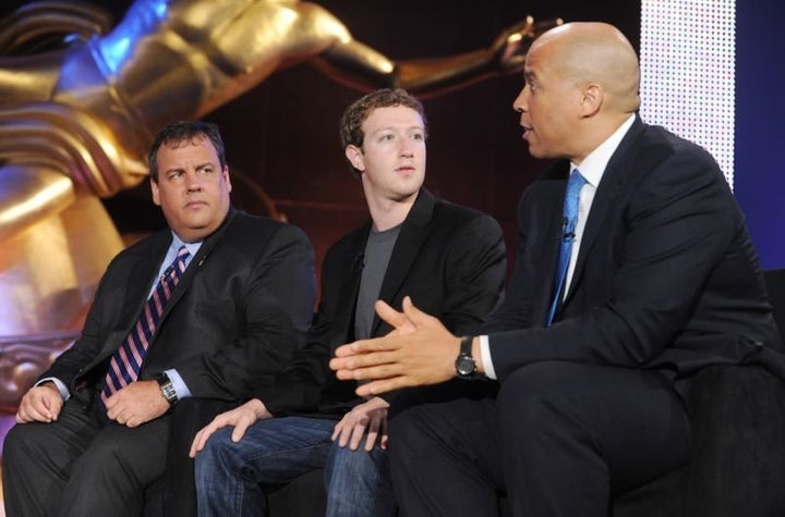 Former New Jersey Gov. Chris Christie, Facebook CEO Mark Zuckerberg and Newark Mayor Cory Booker at an education summit hosted by NBC News. 