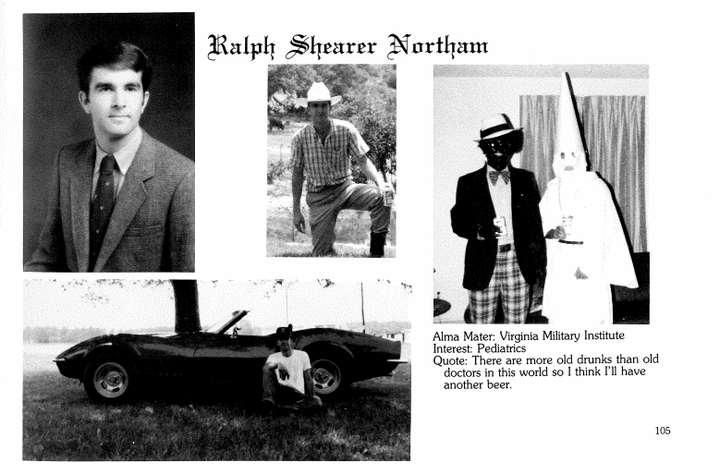 A 1984 yearbook page for Gov. Ralph Northam shows two men in racist garb, though it's unclear which of the men is Northam.