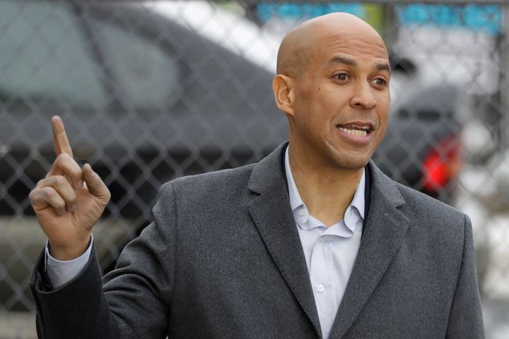 Sen. Cory Booker (D-N.J.) holds a news conference outside of his Newark home Friday.