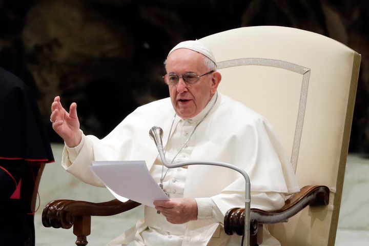 Pope Francis, who is traveling to the Arabian Peninsula on Sunday, delivers a speech at the Vatican on Jan. 30, 2019. 