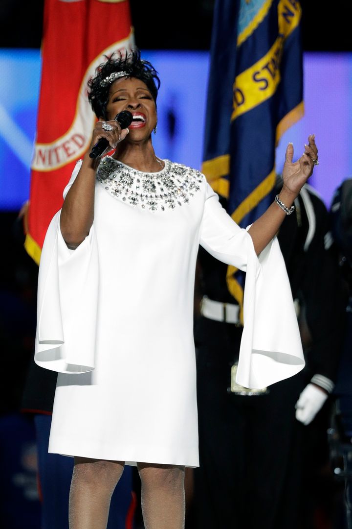 Gladys Knight singing the national anthem at Super Bowl LIII between the New England Patriots and the Los Angeles Rams in Atlanta on Sunday.