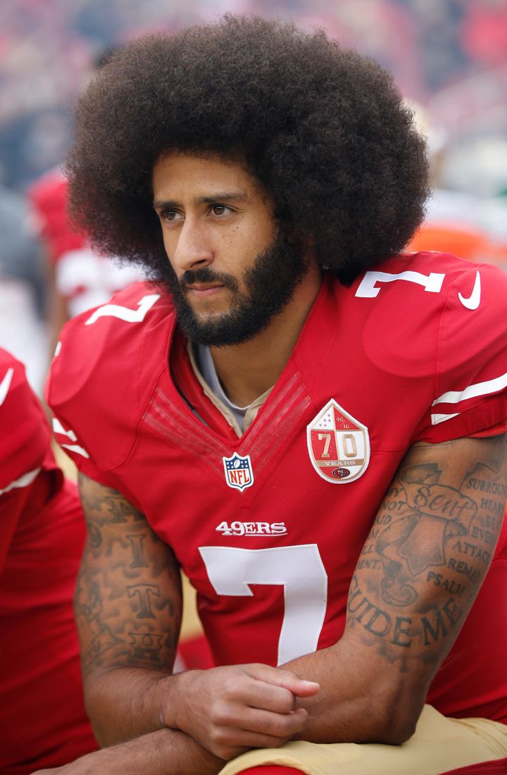 Former San Francisco 49ers quarterback Colin Kaepernick began protesting racial injustice by kneeling during the national anthem at NFL games in America.
