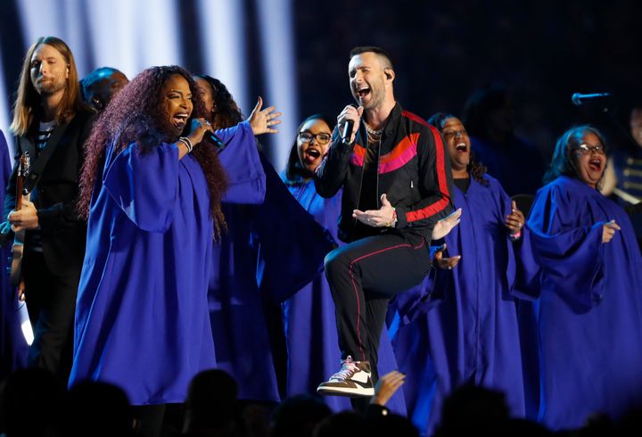 Maroon 5 singer Adam Levine on stage at the Super Bowl halftime show on Sunday.&nbsp;