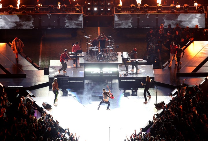 Maroon 5 performs with Big Boi, Sleepy Brown and Travis Scott during the Pepsi Super Bowl LIII Halftime Show 