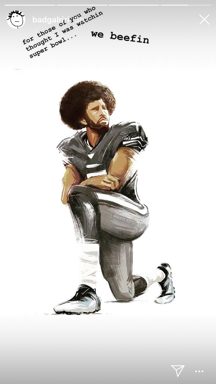 On game day, Rihanna posted this Nikkolas Smith portrait of Colin Kaepernick, who has faced major pushback from NFL owners over his protests during the national anthem.