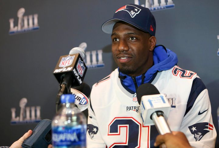 New England Patriots strong safety Duron Harmon addresses the media at a press conference for Super Bowl LIII on Jan. 31.