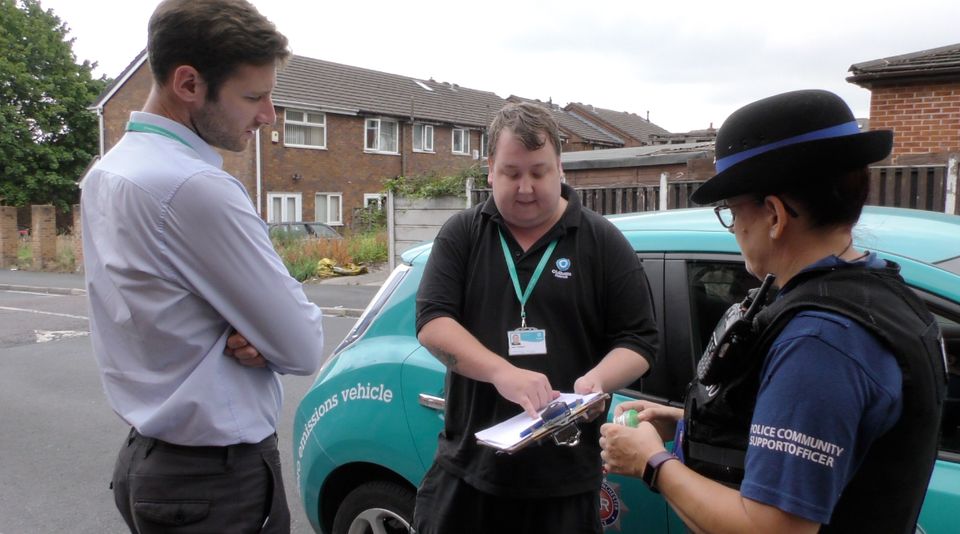 Sean Fielding (left), leader of Oldham Council, out and about in the community 