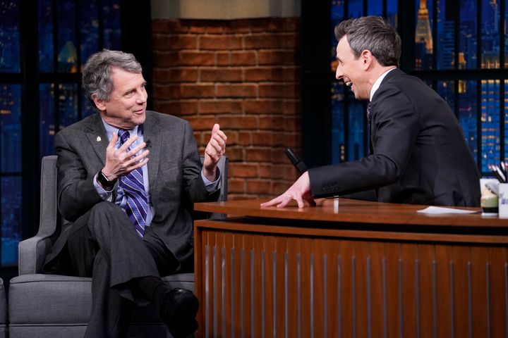 Sen. Sherrod Brown (D-Ohio) on "Late Night With Seth Meyers" on Jan. 23. Brown, who previously supported “Medicare for all,” now says he wants to focus on narrower ideas, like opening up Medicare to near-retirees, because they are more politically realistic.