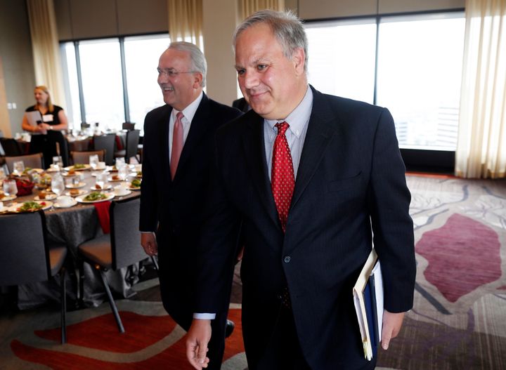 In this July 26, 2018, file photo, then-Deputy Secretary of the Interior David Bernhardt and Jack Gerard, American Petroleum Institute president and chief executive officer, prepare to speak during the annual state of Colorado energy luncheon.